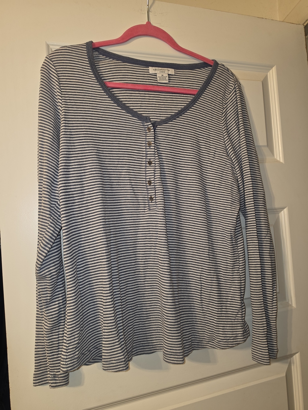 Liz Claiborne Navy and White Striped Henley Scoop Neck Long Sleeve